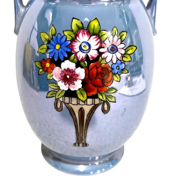 Vintage Japan Vase blue lustre ware urn shape side handles floral decorative - Picture 2 of 9